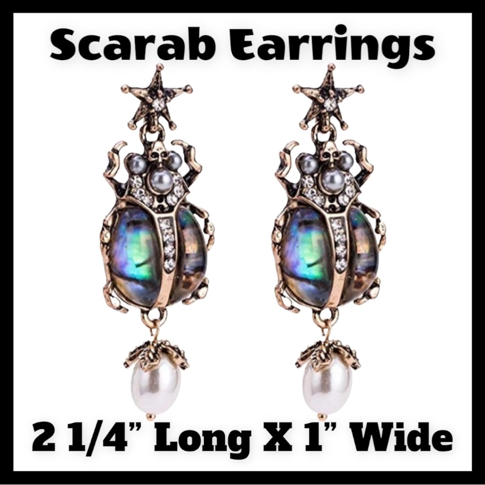 Scarab Beetle Pearl Skull Earrings - Picture 2 of 8